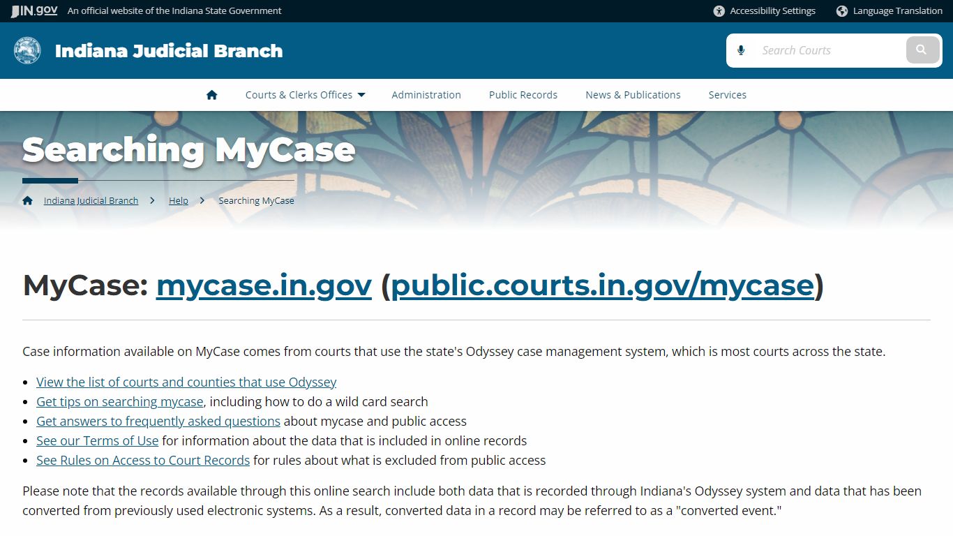 Indiana Judicial Branch: Searching MyCase